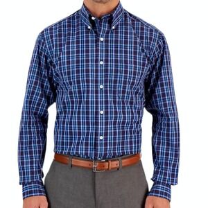 Club Room Men's Regular Fit Rojo Plaid Cotton Dress Shirt Blue Size 17 34/35